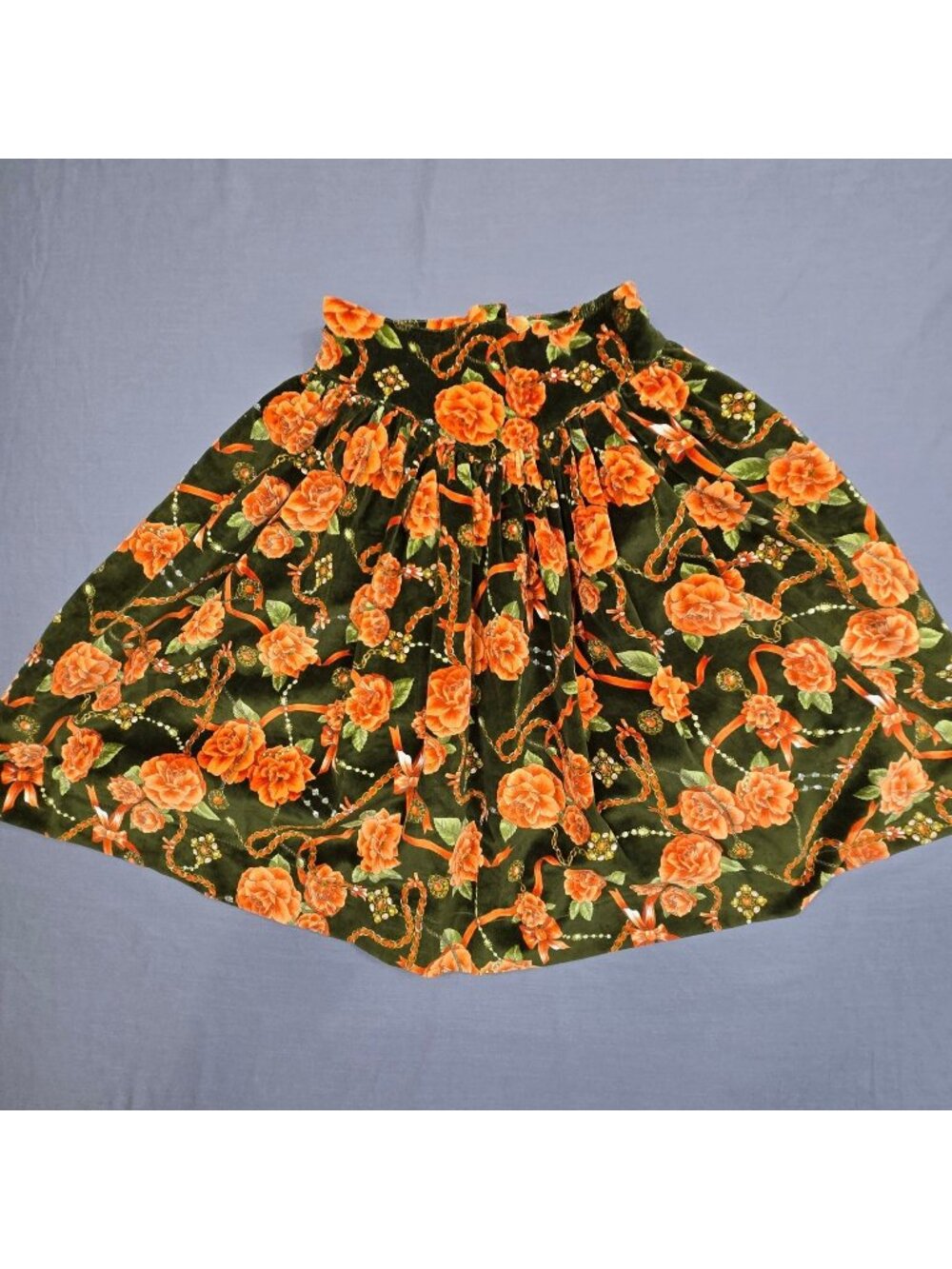 Vintage Monnalisa Skirt Small Floral Velvet Green Orange Gold Italy Romantic